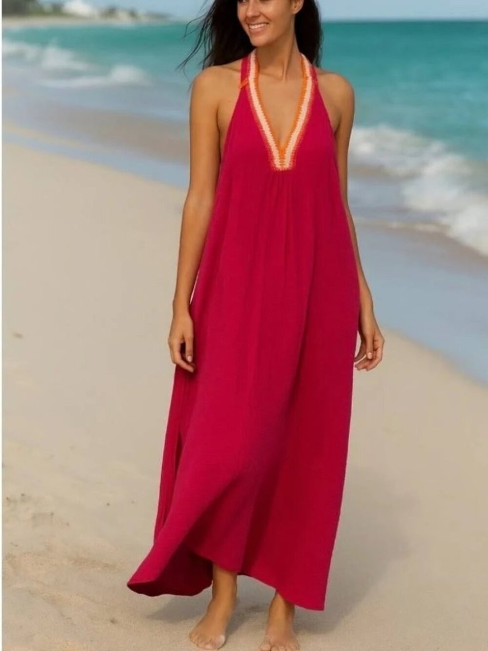 Magaschoni NWT LARGE Organic Cotton Gauze Pom Pom Fringe Trim Boho Maxi Dress